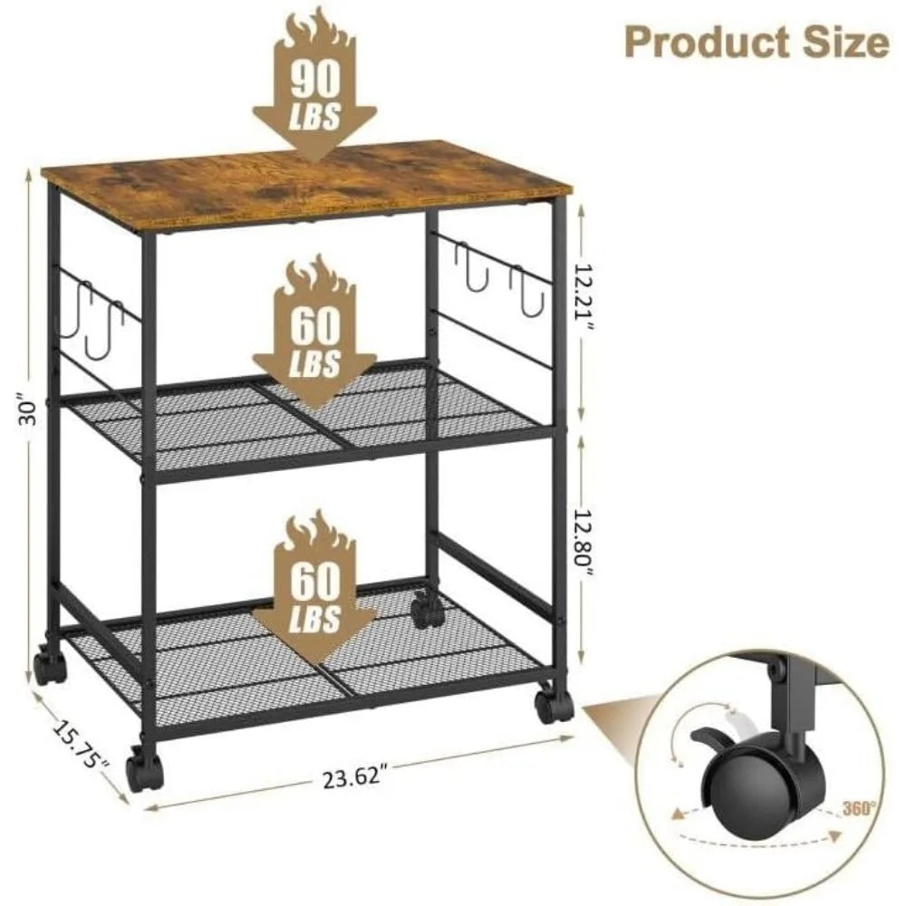 Rolling Kitchen Microwave Cart, 3 Tier Microwave Table Stand with Storage, Kitchen Utility Cart on Lockable Wheels