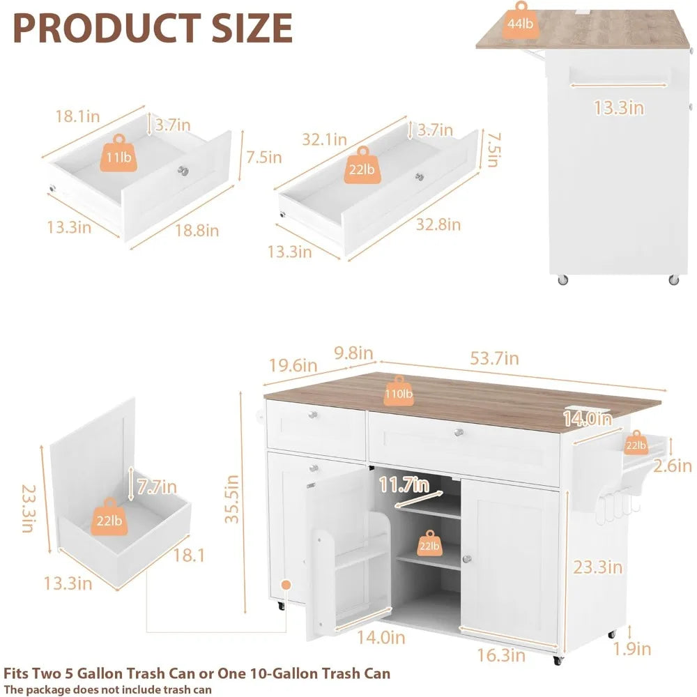 Kitchen Island on Wheels with Storage and Power Outlet, Kitchen Island with Trash Can Storage Cabinet