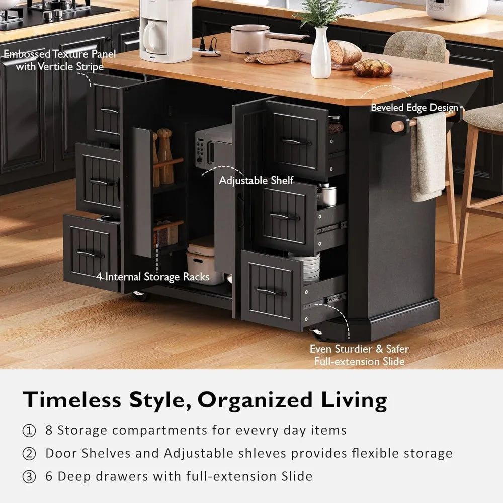 Kitchen Island Cart with Rubber Wood Veneer Drop Leaf, 56'' Rolling Kitchen Table with Power Outlet