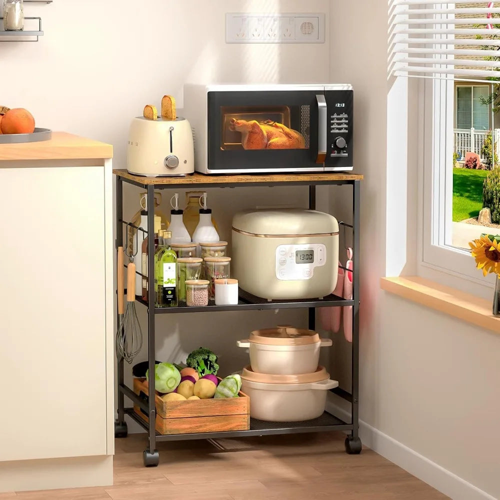 Rolling Kitchen Microwave Cart, 3 Tier Microwave Table Stand with Storage, Kitchen Utility Cart on Lockable Wheels