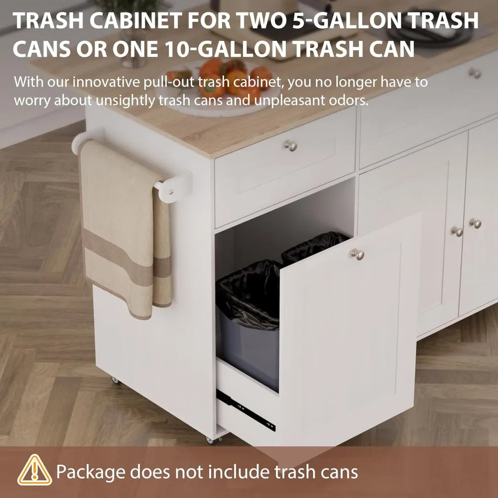 Kitchen Island on Wheels with Storage and Power Outlet, Kitchen Island with Trash Can Storage Cabinet