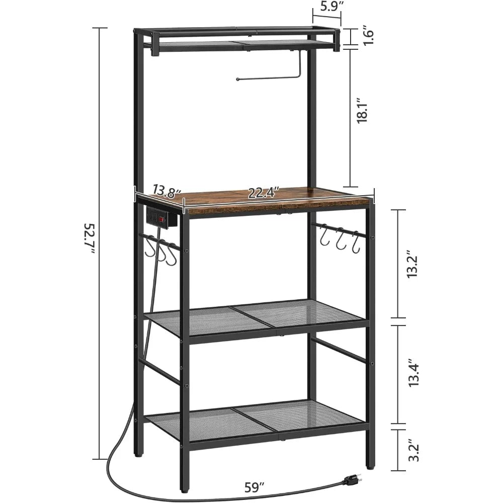 Bakers Rack with Power Outlet, Kitchen Storage Shelf with Paper Holder, Microwave Stand, Coffee Bar with 6 Hooks