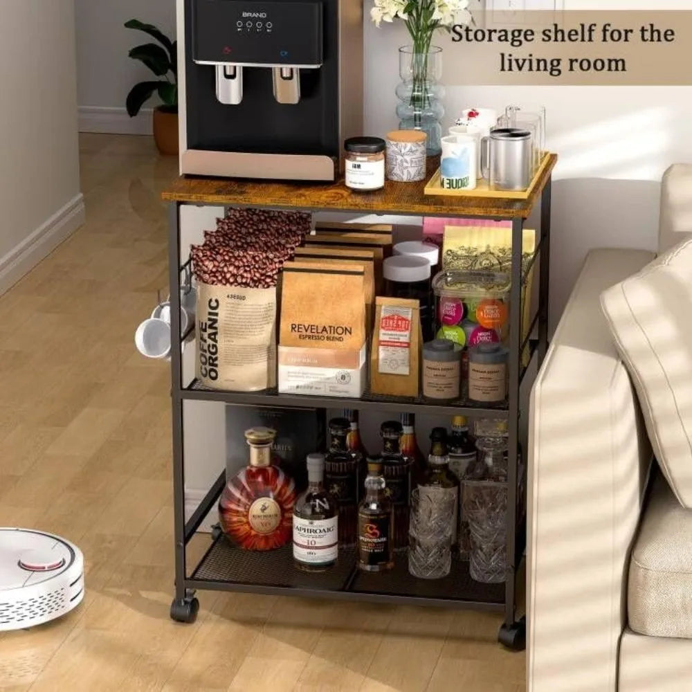 Rolling Kitchen Microwave Cart, 3 Tier Microwave Table Stand with Storage, Kitchen Utility Cart on Lockable Wheels