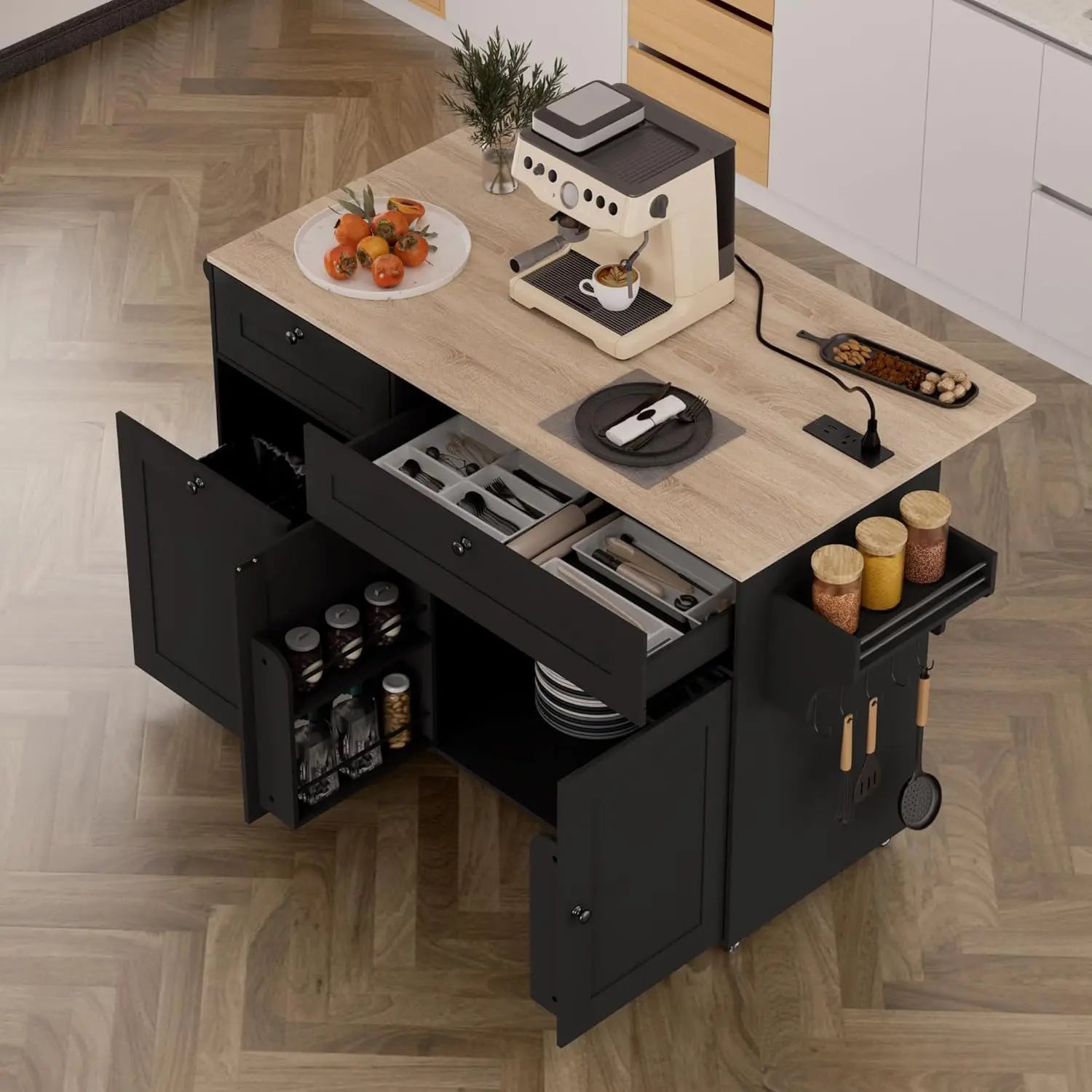 Kitchen Island on Wheels with Storage and Power Outlet, Kitchen Island with Trash Can Storage Cabinet
