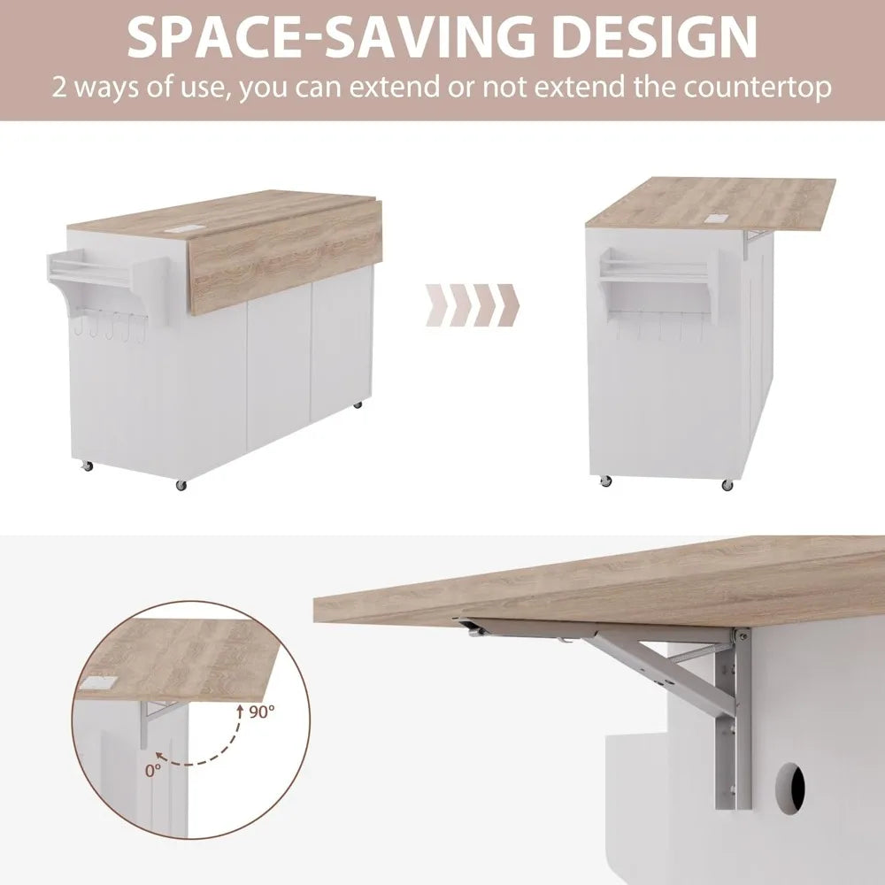 Kitchen Island on Wheels with Storage and Power Outlet, Kitchen Island with Trash Can Storage Cabinet