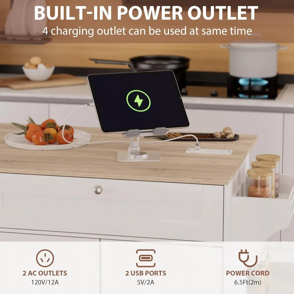 Kitchen Island on Wheels with Storage and Power Outlet, Kitchen Island with Trash Can Storage Cabinet