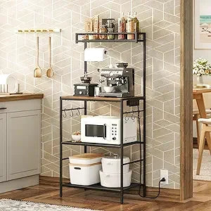 Bakers Rack with Power Outlet, Kitchen Storage Shelf with Paper Holder, Microwave Stand, Coffee Bar with 6 Hooks