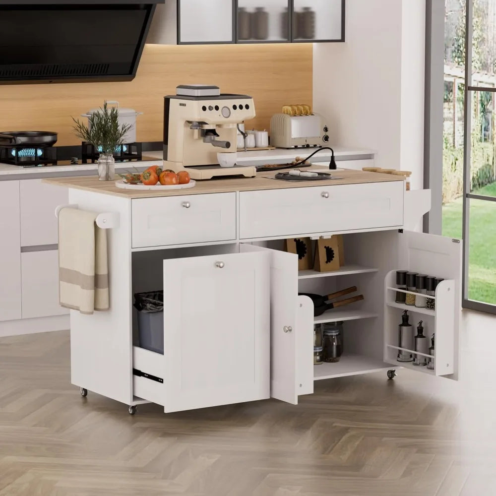 Kitchen Island on Wheels with Storage and Power Outlet, Kitchen Island with Trash Can Storage Cabinet