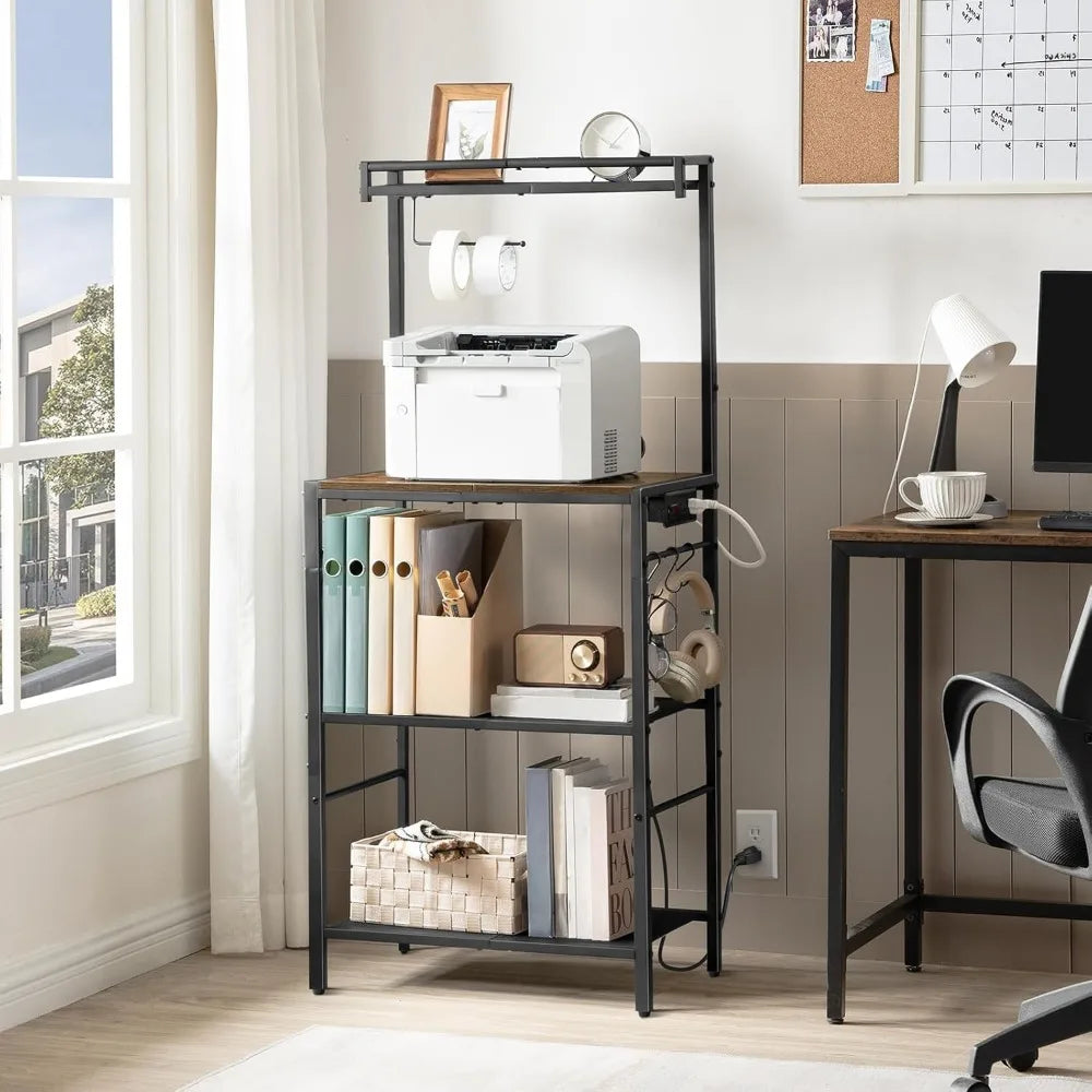 Bakers Rack with Power Outlet, Kitchen Storage Shelf with Paper Holder, Microwave Stand, Coffee Bar with 6 Hooks