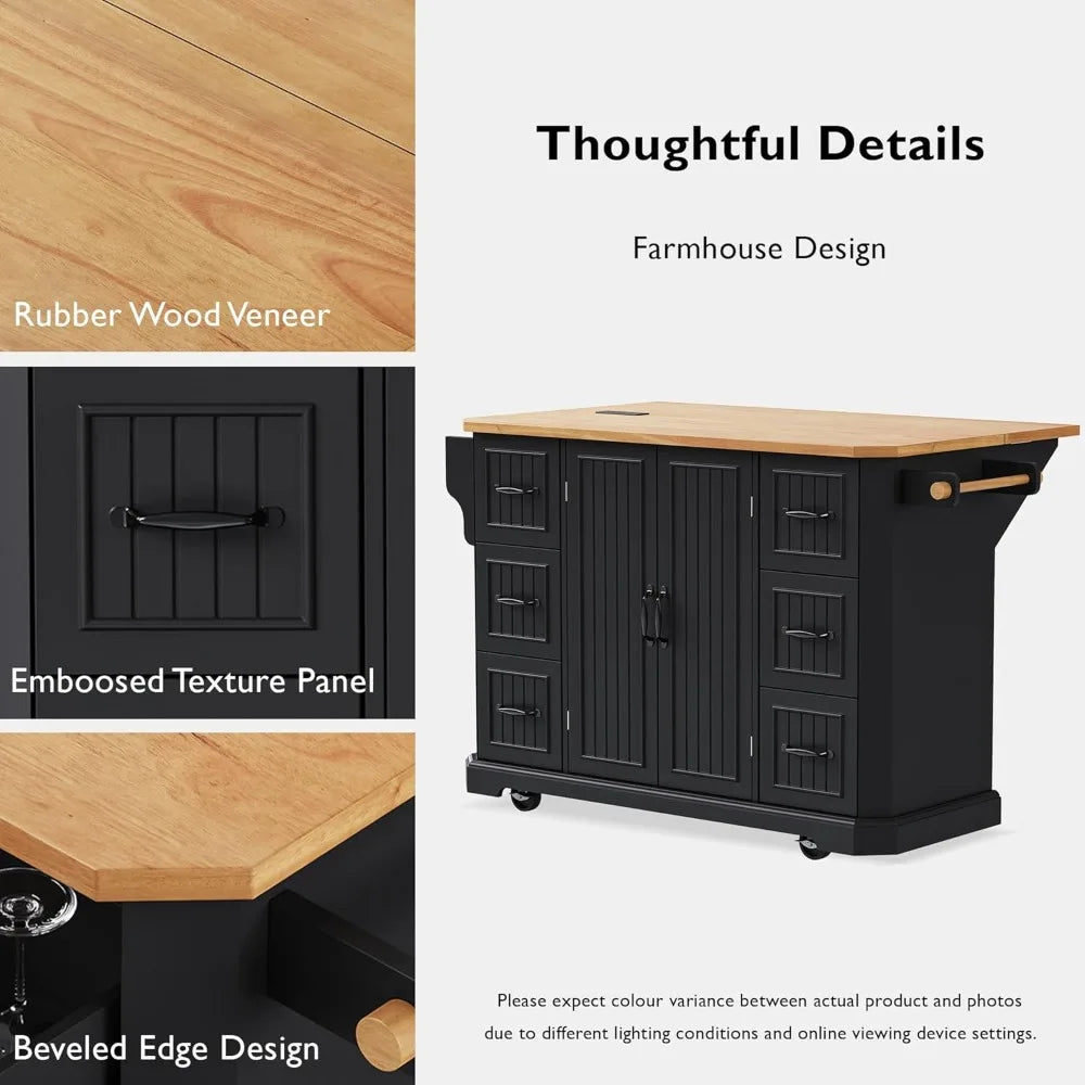 Kitchen Island Cart with Rubber Wood Veneer Drop Leaf, 56'' Rolling Kitchen Table with Power Outlet