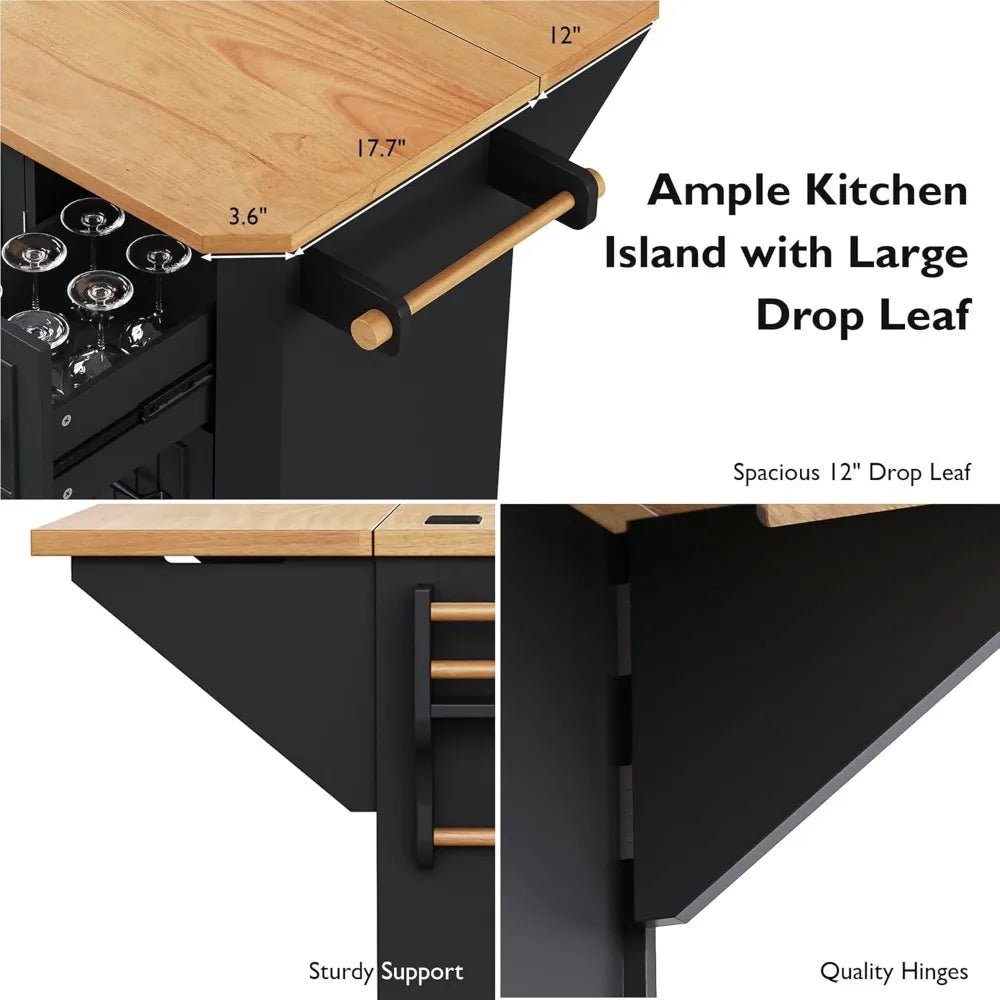 Kitchen Island Cart with Rubber Wood Veneer Drop Leaf, 56'' Rolling Kitchen Table with Power Outlet