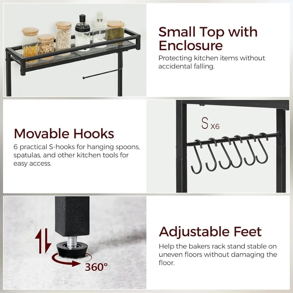 Bakers Rack with Power Outlet, Kitchen Storage Shelf with Paper Holder, Microwave Stand, Coffee Bar with 6 Hooks