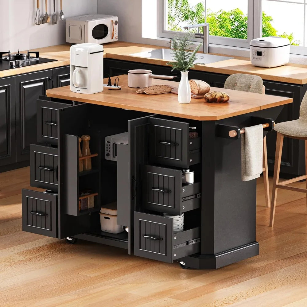 Kitchen Island Cart with Rubber Wood Veneer Drop Leaf, 56'' Rolling Kitchen Table with Power Outlet
