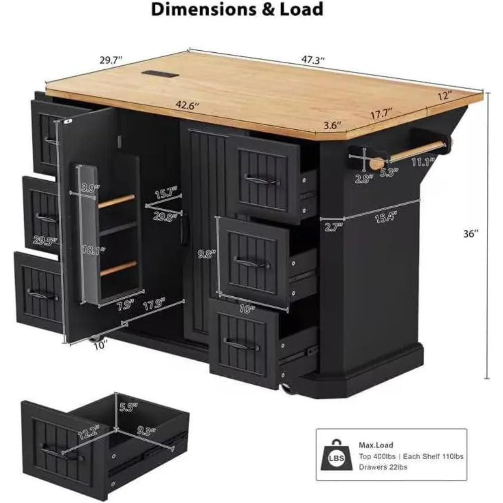 Kitchen Island Cart with Rubber Wood Veneer Drop Leaf, 56'' Rolling Kitchen Table with Power Outlet