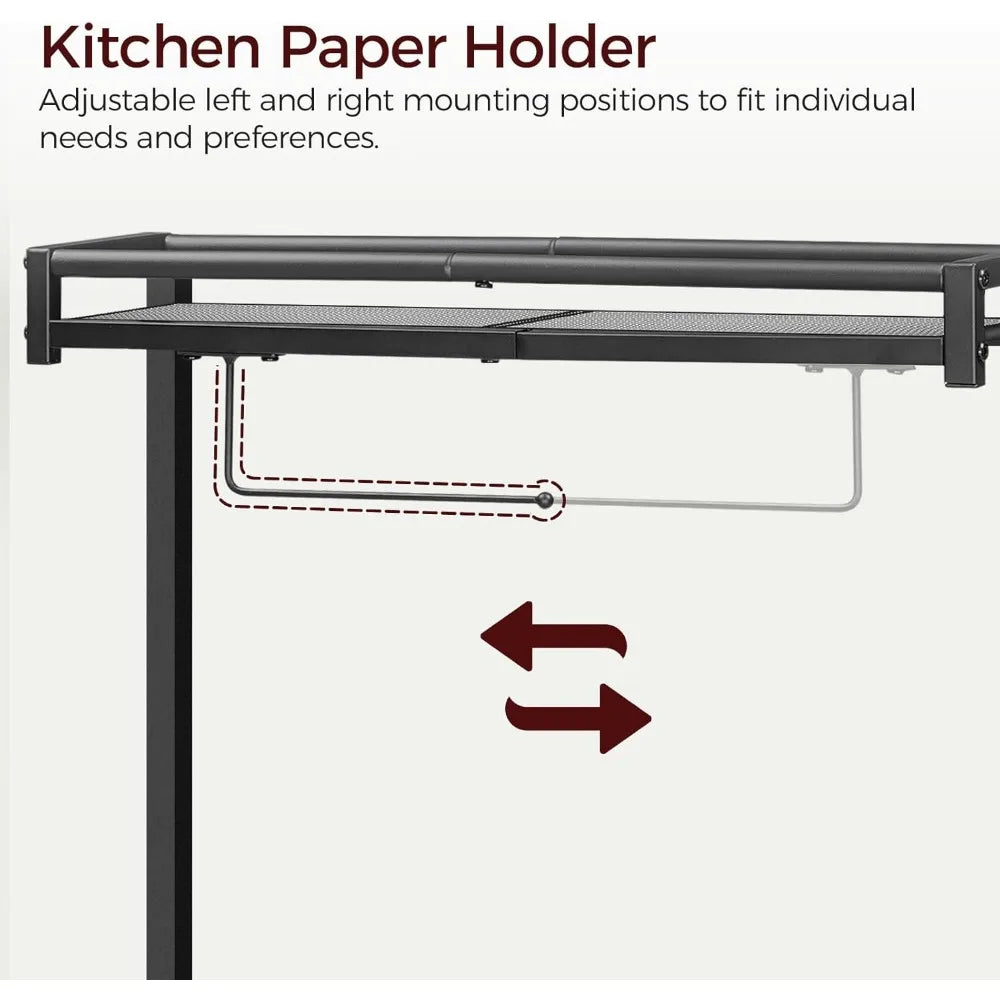 Bakers Rack with Power Outlet, Kitchen Storage Shelf with Paper Holder, Microwave Stand, Coffee Bar with 6 Hooks