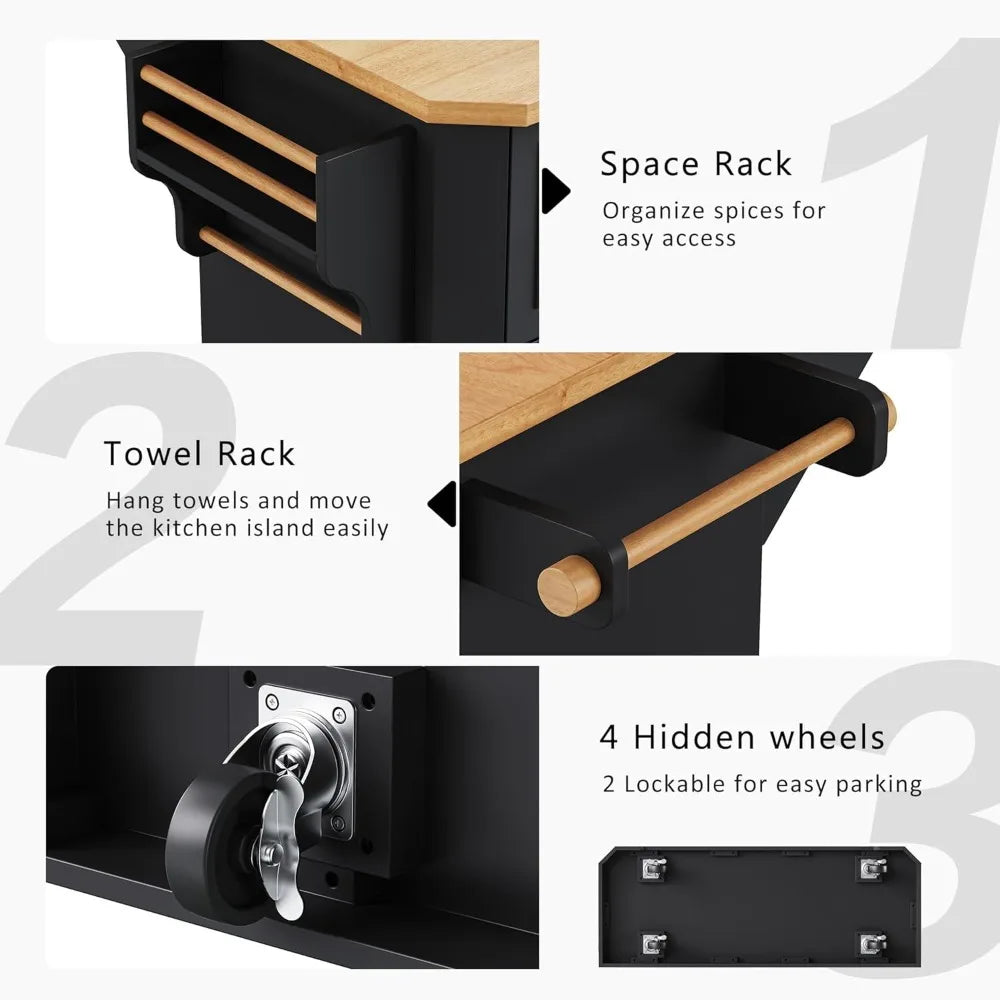Kitchen Island Cart with Rubber Wood Veneer Drop Leaf, 56'' Rolling Kitchen Table with Power Outlet