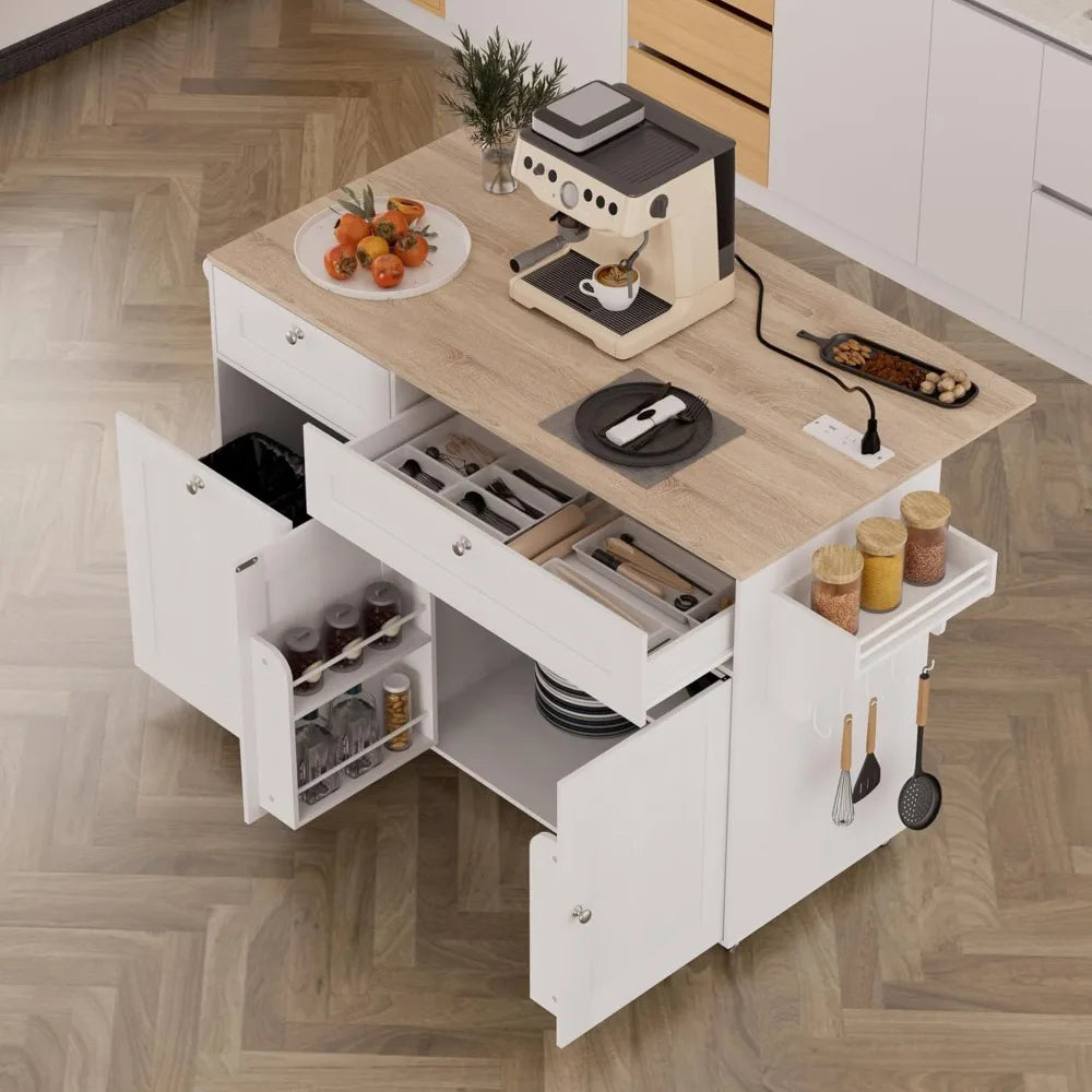 Kitchen Island on Wheels with Storage and Power Outlet, Kitchen Island with Trash Can Storage Cabinet