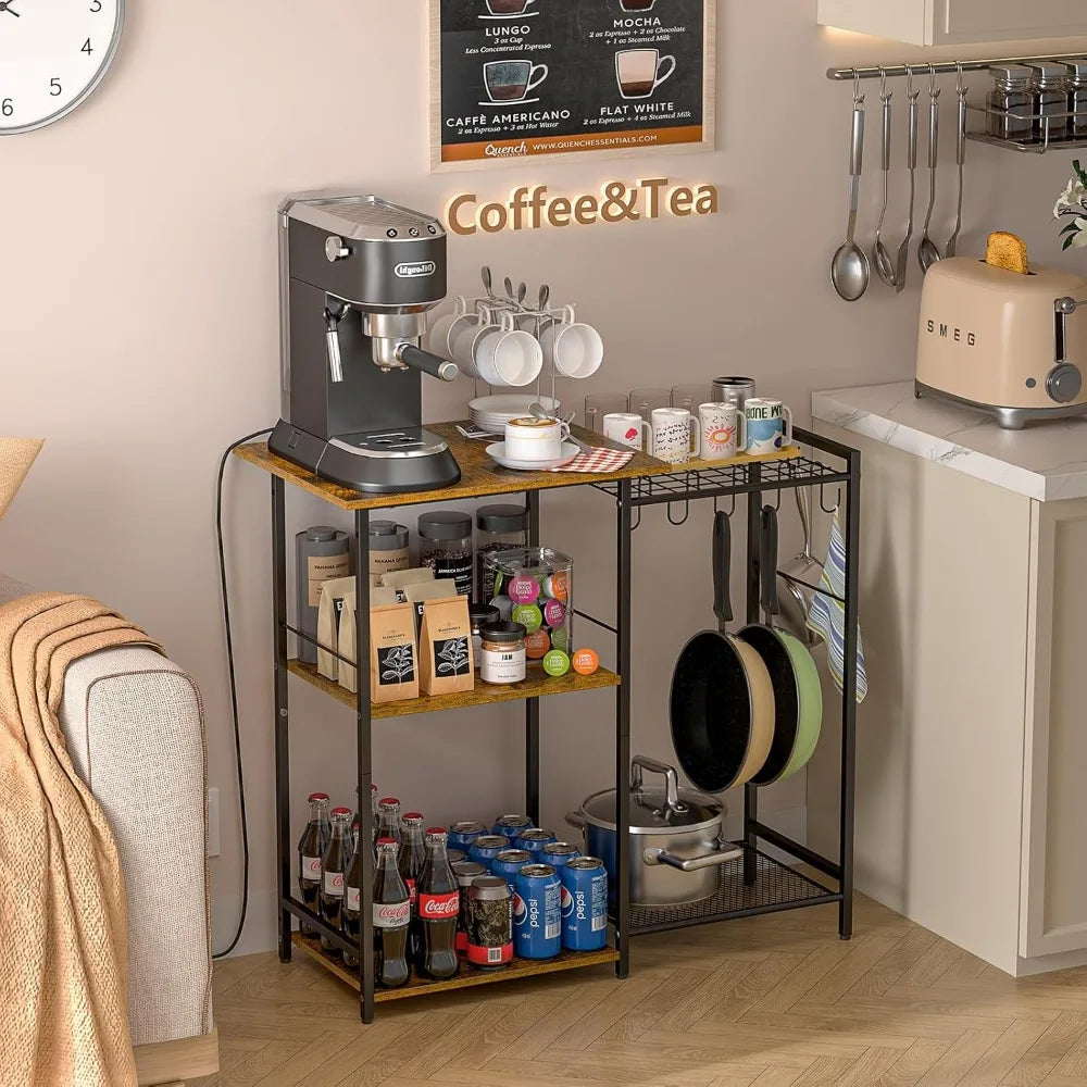 Kitchen Stand with Pots Rack, Utility Microwave Oven Stand with Storage, 5 Tiers Coffee Bar Table, Small Kitchen